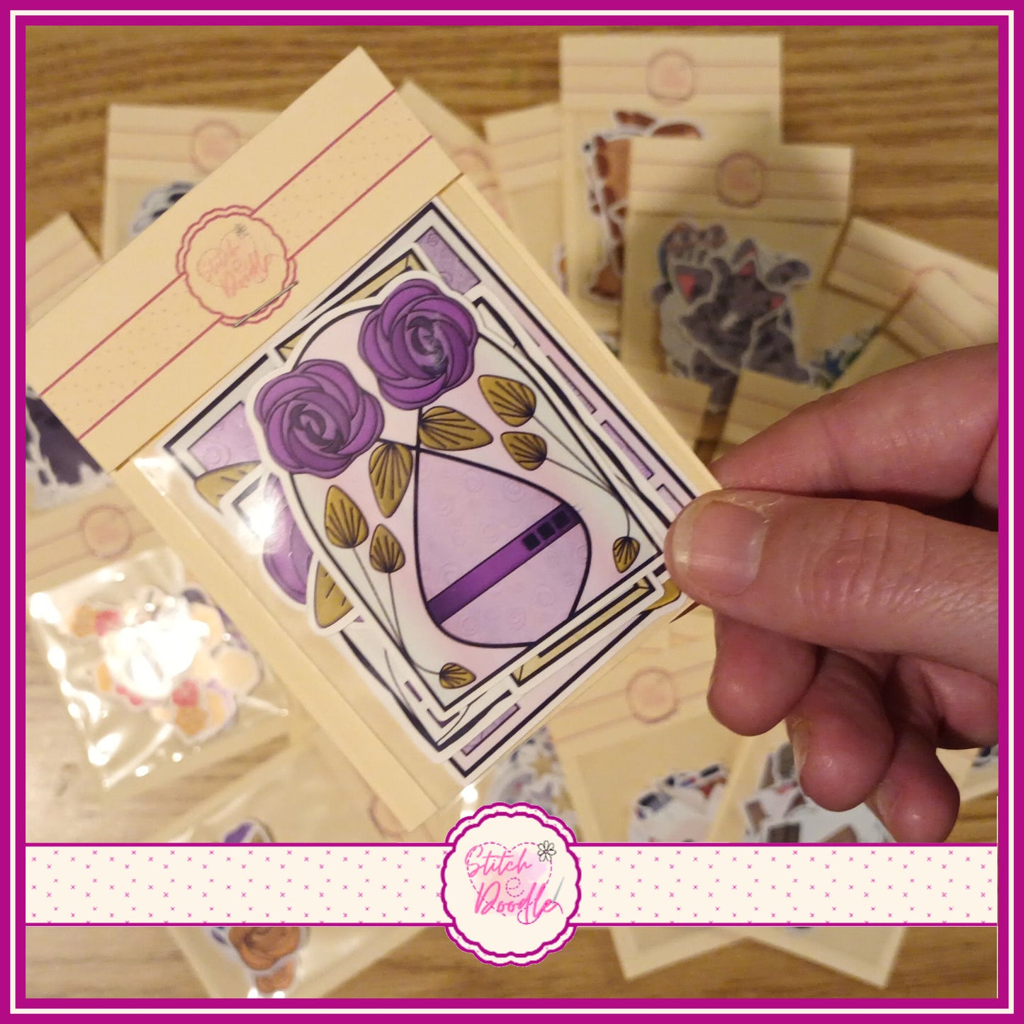 Nouveau Rose Purple Glossy Vinyl Sticker Packs. 7 stickers per pack. Cute, Cuddly and Durable. Decorate journals, planners & more.