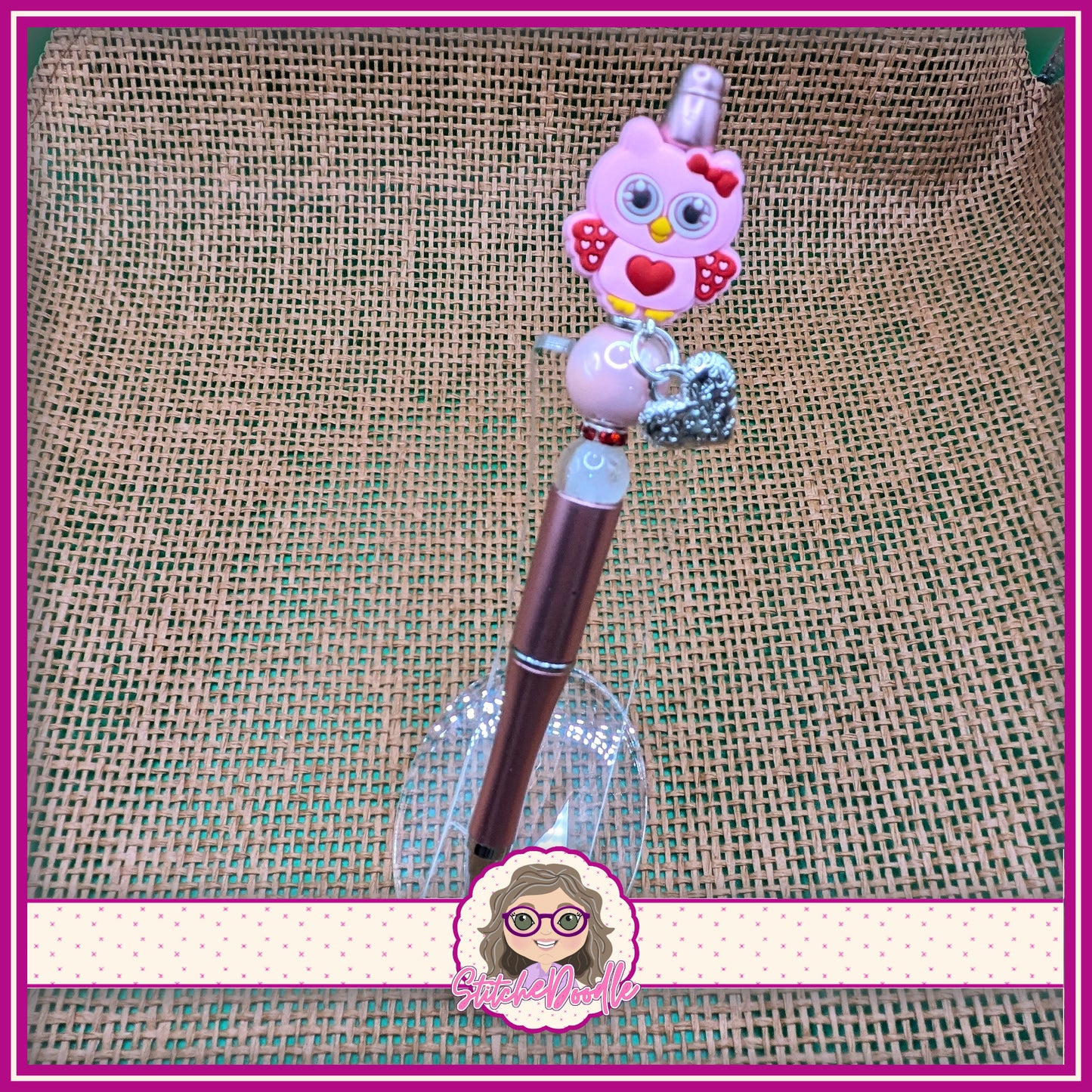 Owl Love Handmade Beaded Pen with Silver Heart Charm - Ideal Gift