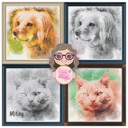 Watercolour Effect Pet Portrait.  Customised.  Colour or BW.  PDF and Patternkeeper