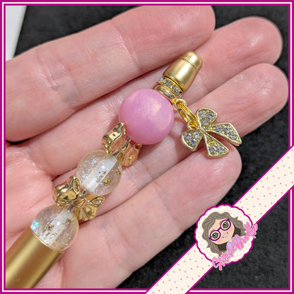 Precious Collection - Pink/Gold Bows - Handmade Beaded Pen - With Velvet Pouch
