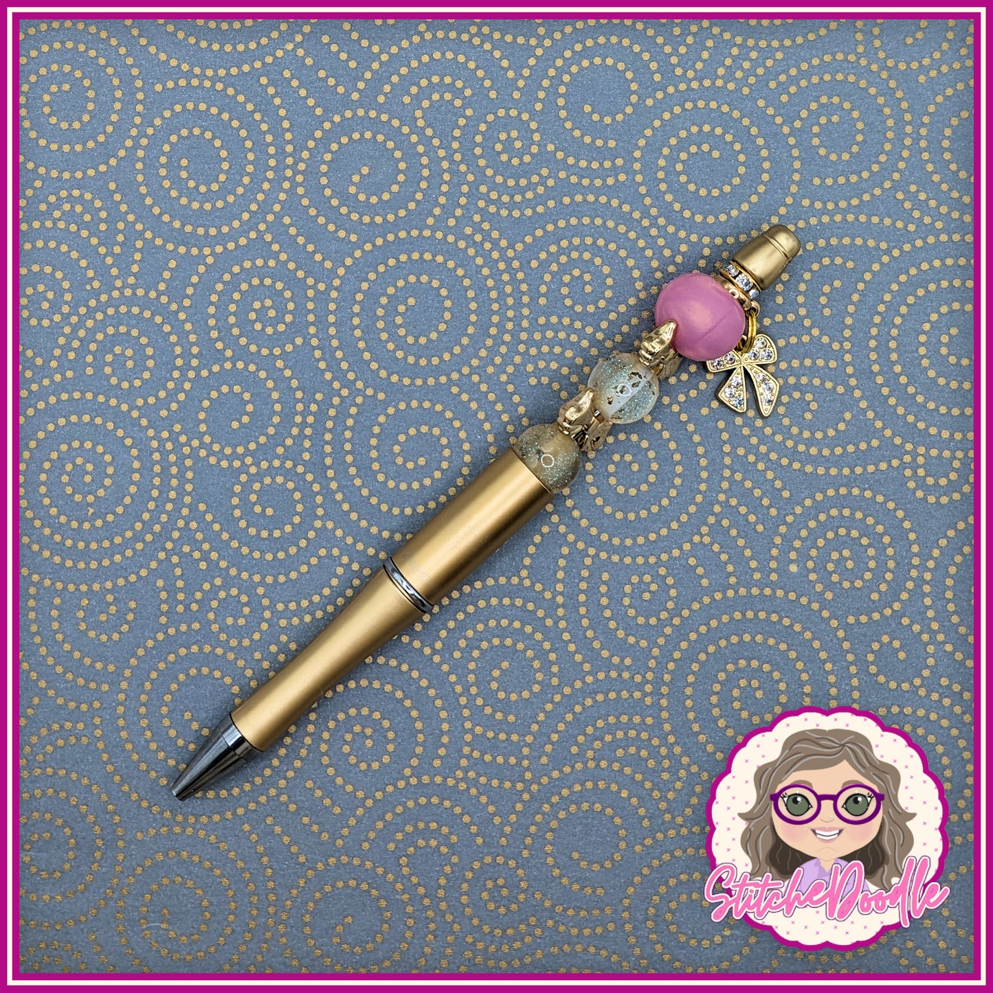Precious Collection - Pink/Gold Bows - Handmade Beaded Pen - With Velvet Pouch