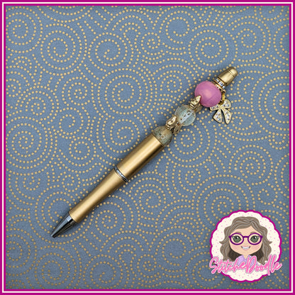 Precious Collection - Pink/Gold Bows - Handmade Beaded Pen - With Velvet Pouch