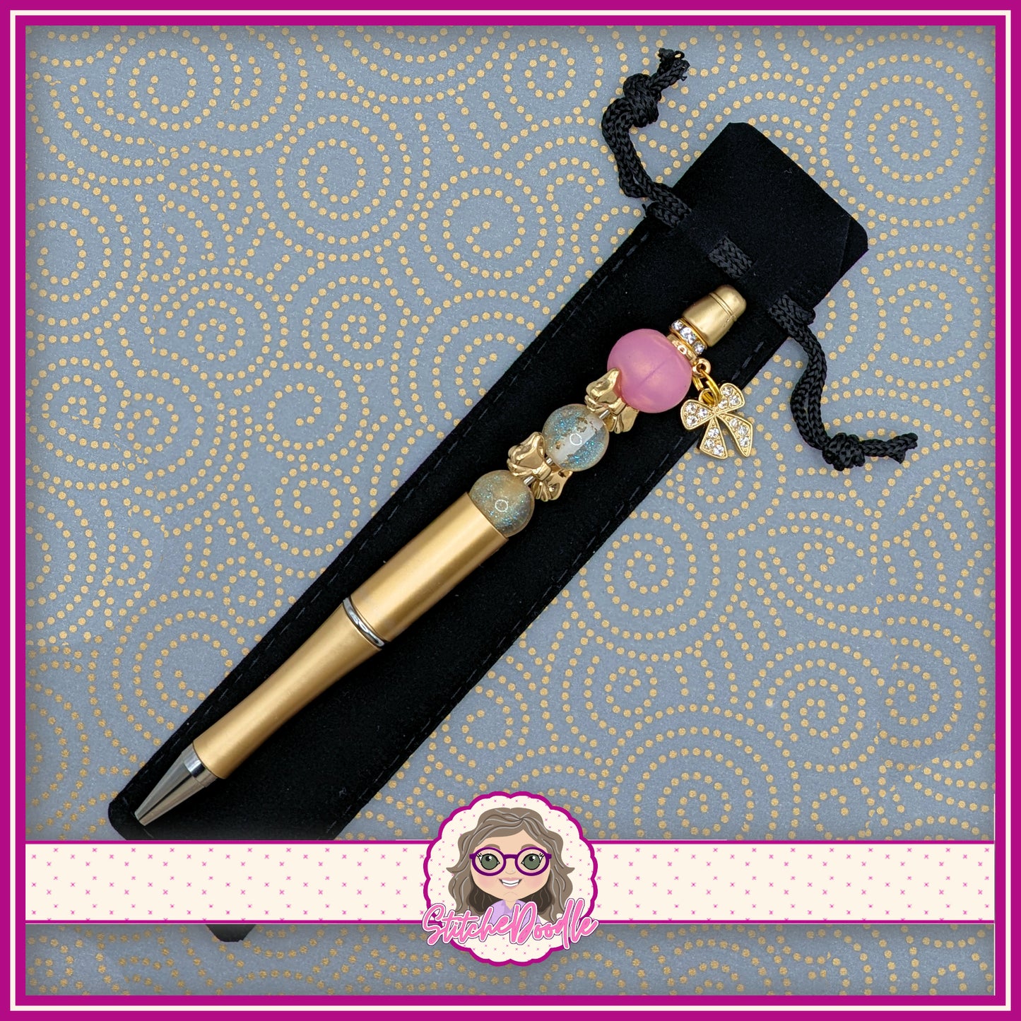 Precious Collection - Pink/Gold Bows - Handmade Beaded Pen - With Velvet Pouch