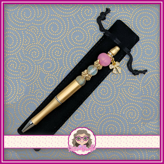 Precious Collection - Pink/Gold Bows - Handmade Beaded Pen - With Velvet Pouch