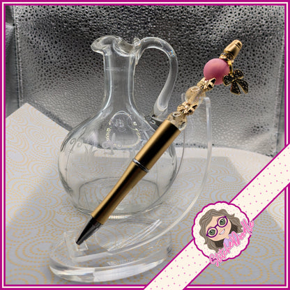 Precious Collection - Pink/Gold Bows - Handmade Beaded Pen - With Velvet Pouch