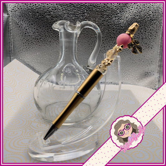 Pink/Gold Bow Handmade Pen with Sparkly Bow Charm - With Velvet Pouch Included