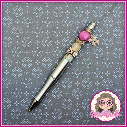 Precious Collection - Lilac/Silver Bows - Handmade Beaded Pen - With Velvet Pouch