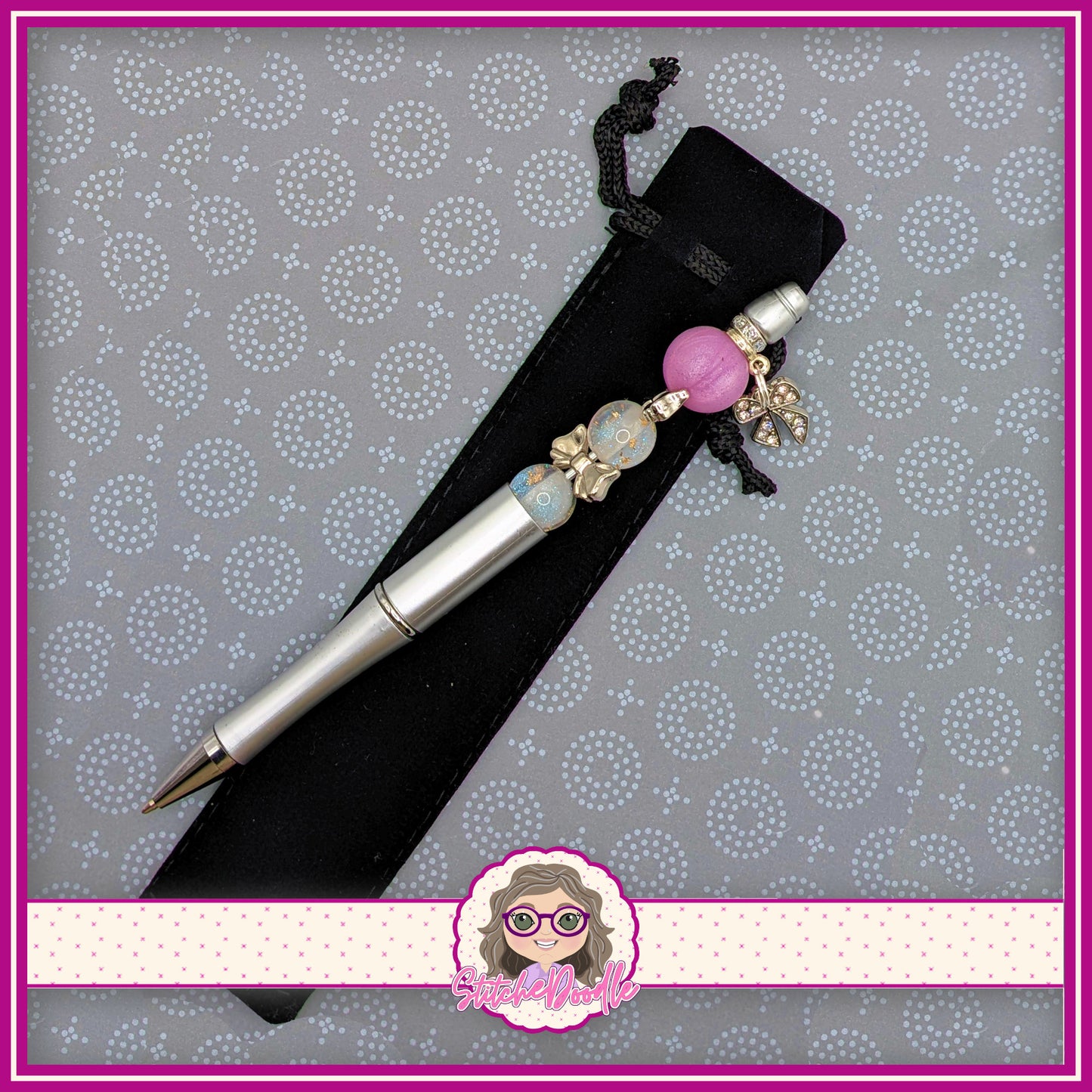 Precious Collection - Lilac/Silver Bows - Handmade Beaded Pen - With Velvet Pouch