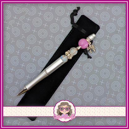 Precious Collection - Lilac/Silver Bows - Handmade Beaded Pen - With Velvet Pouch