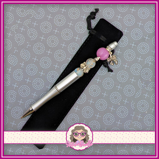 Precious Collection - Lilac/Silver Bows - Handmade Beaded Pen - With Velvet Pouch