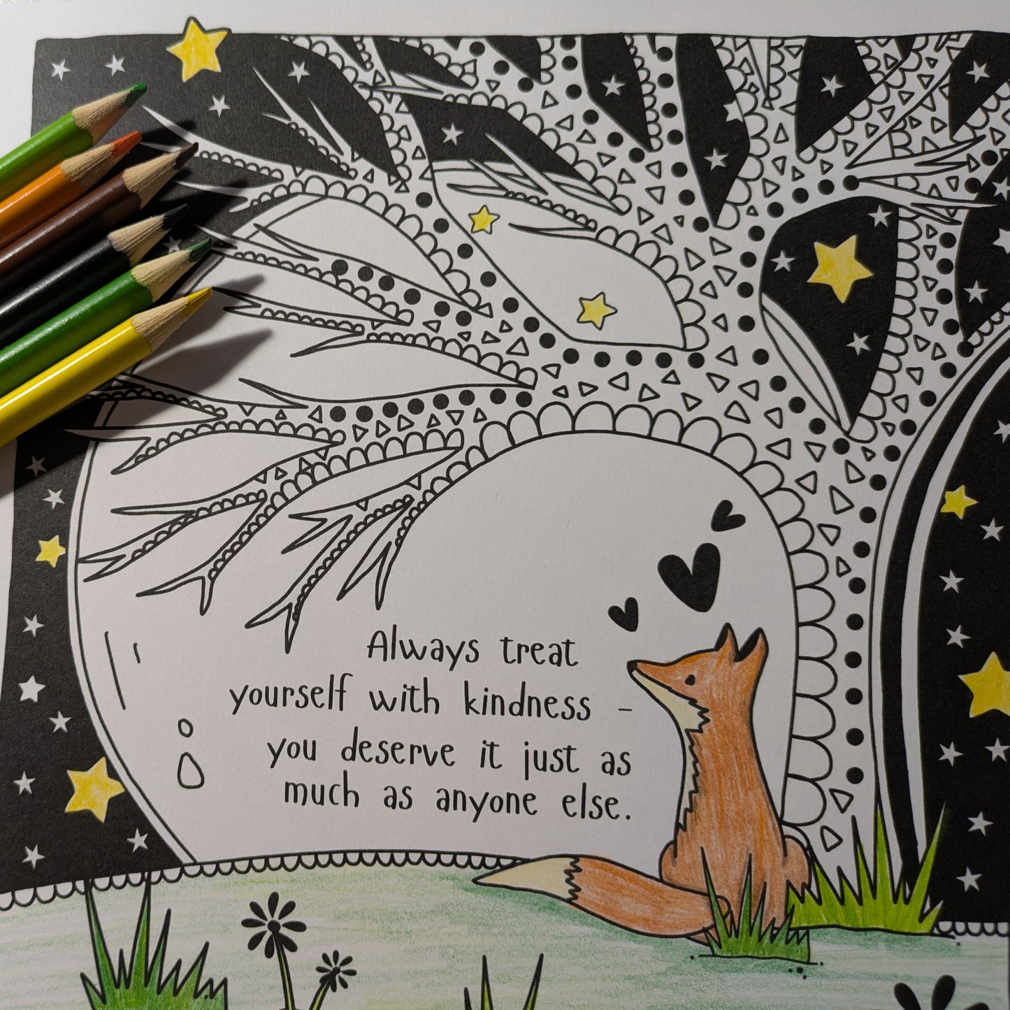 Colouring Book.   Fox Under The Moon for all ages.  35 mindful designs