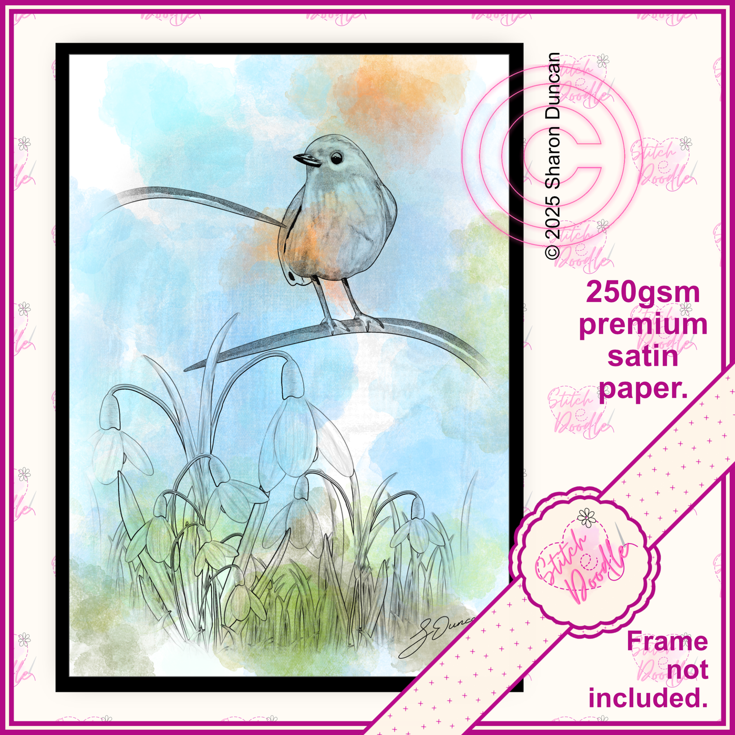 Watercolour Art Print - Robin and Snowdrops in sketchy soft tones