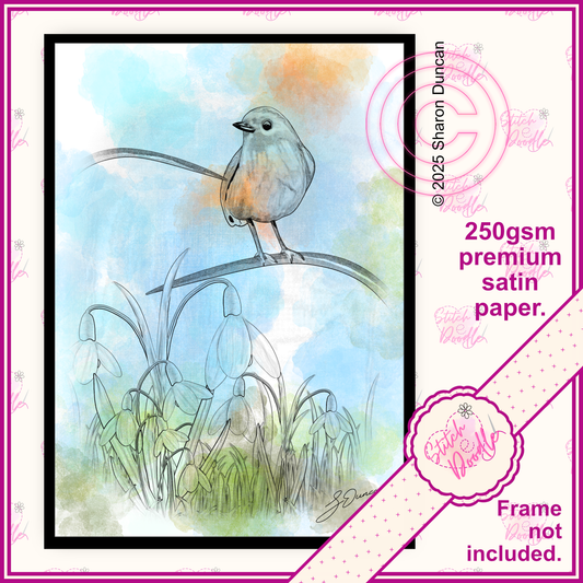Watercolour Art Print - Robin and Snowdrops in sketchy soft tones