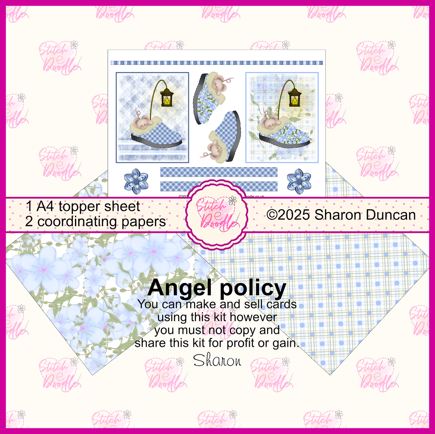 Tiddle Mouse Sleepy Slippers.  Blue.  Toppers and Papers.  Card Making Kit.  DIGITAL DOWNLOAD.