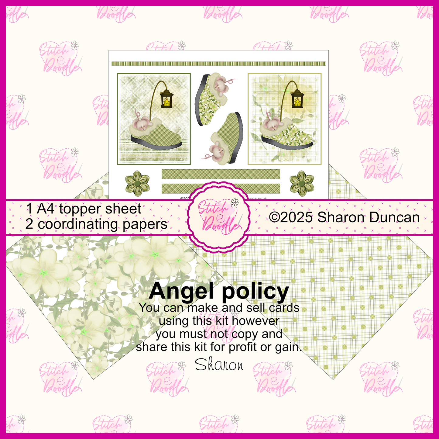 Tiddle Mouse Sleepy Slippers.  Green.  Toppers and Papers.  Card Making Kit.  DIGITAL DOWNLOAD.