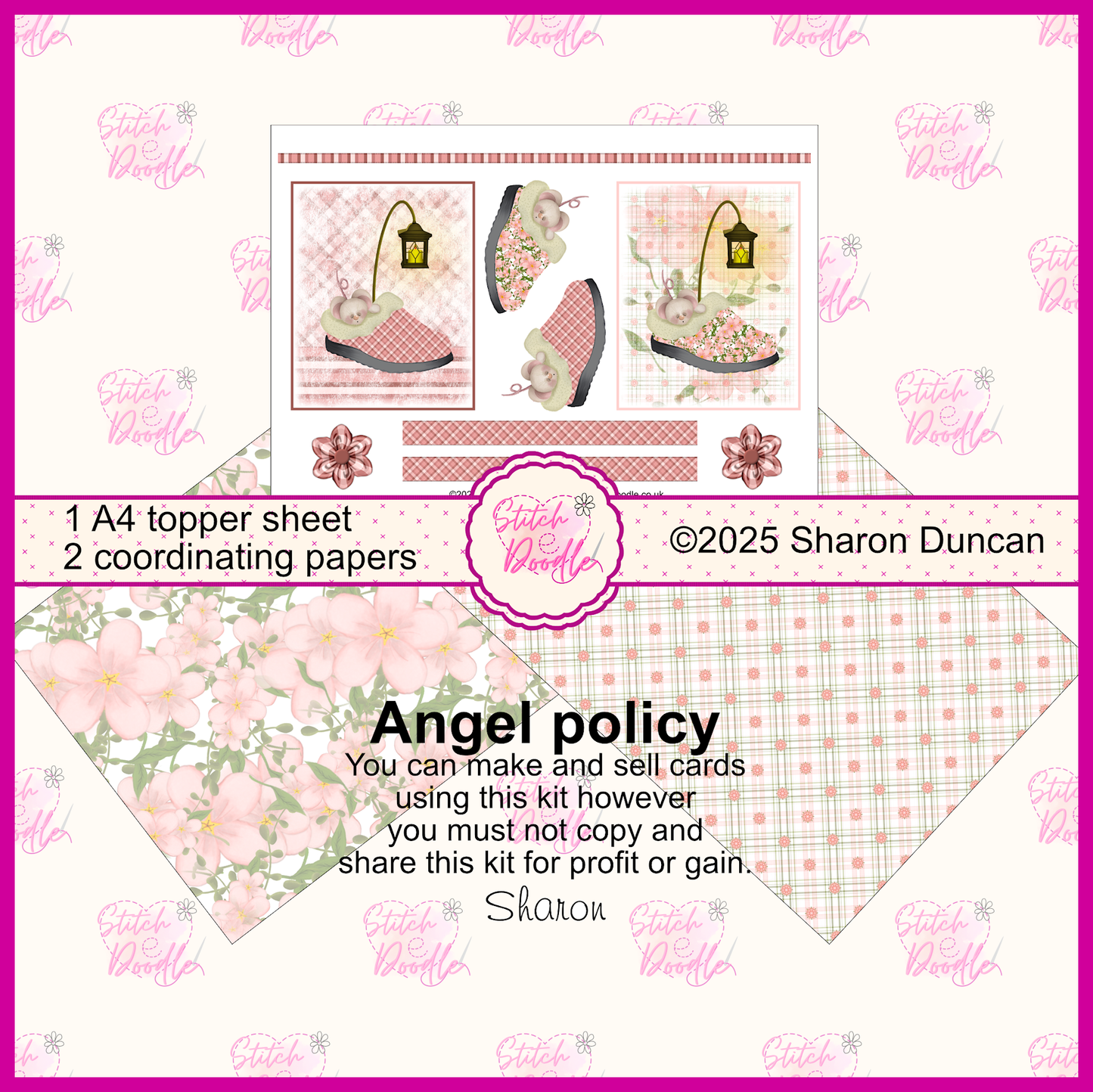 Tiddle Mouse Sleepy Slippers.  Pink.  Toppers and Papers.  Card Making Kit.  DIGITAL DOWNLOAD.