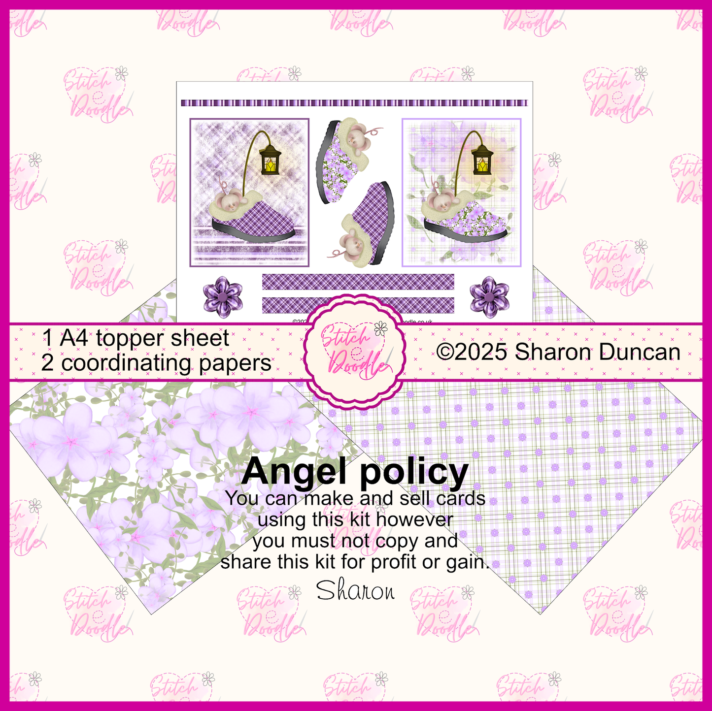 Tiddle Mouse Sleepy Slippers.  Purple.  Toppers and Papers.  Card Making Kit.  DIGITAL DOWNLOAD.