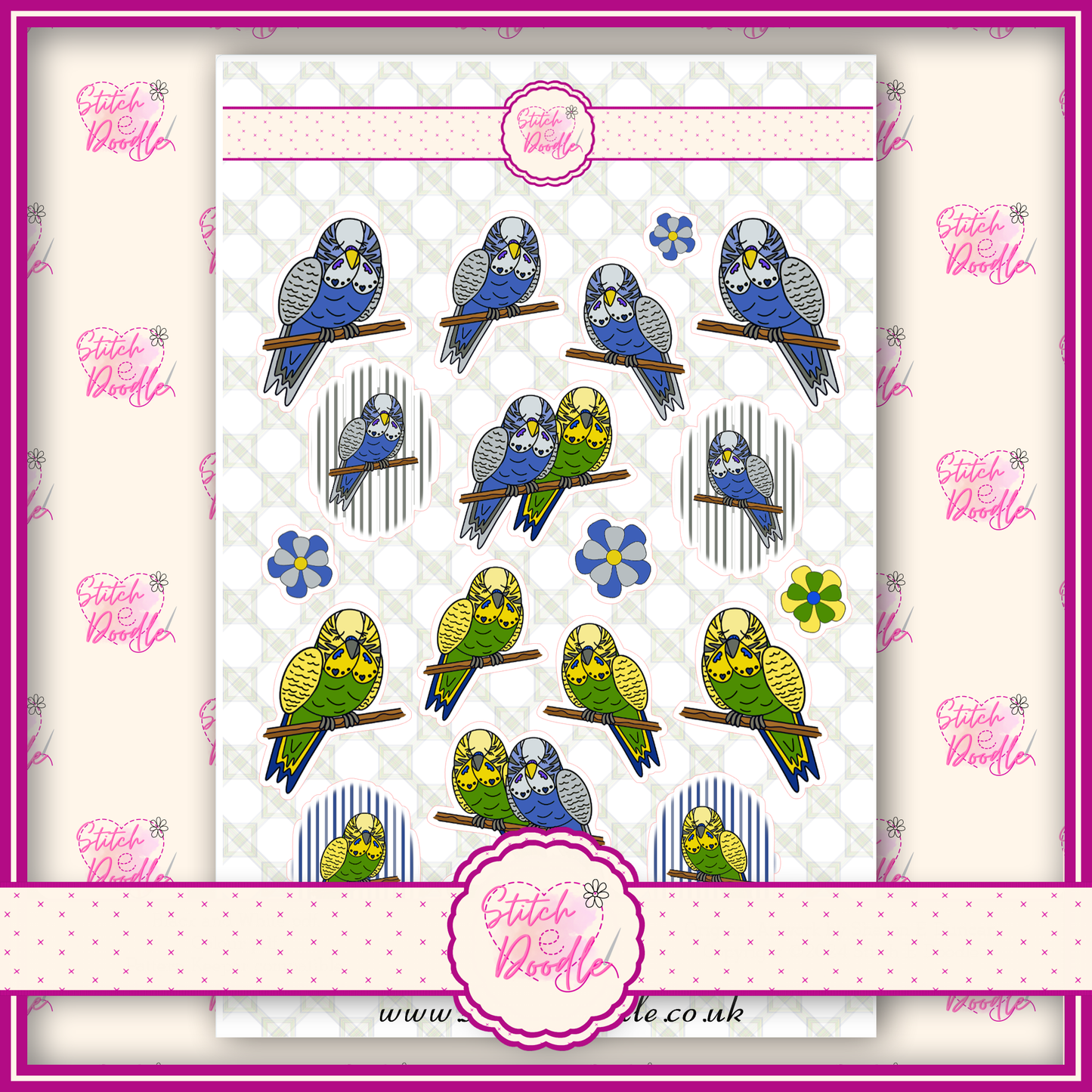 Sticker Sheet - Blue and Green Budgies - 20 stickers