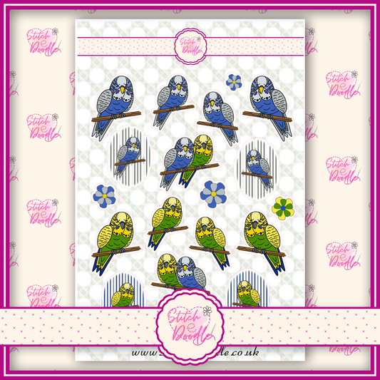 Sticker Sheet - Blue and Green Budgies - 20 stickers