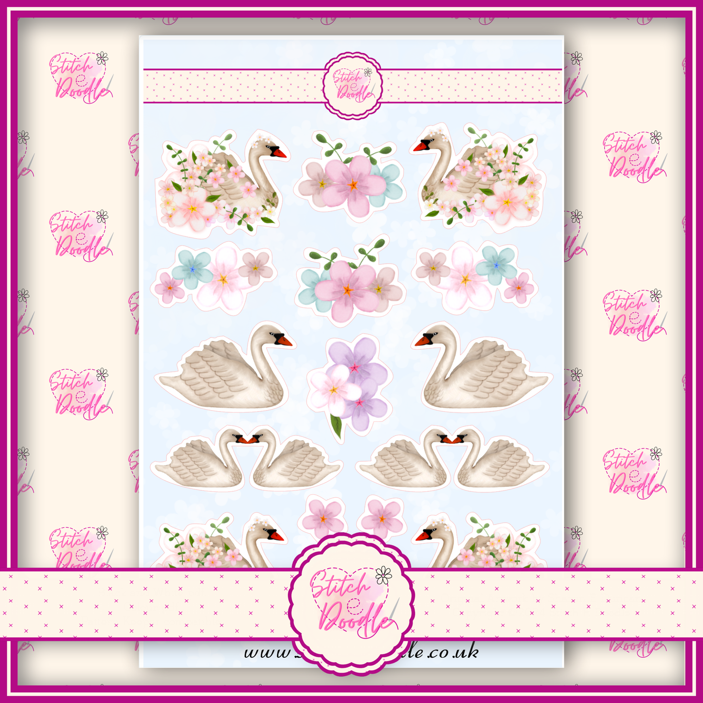 Sticker Sheet - Floral Swan - 16 stickers