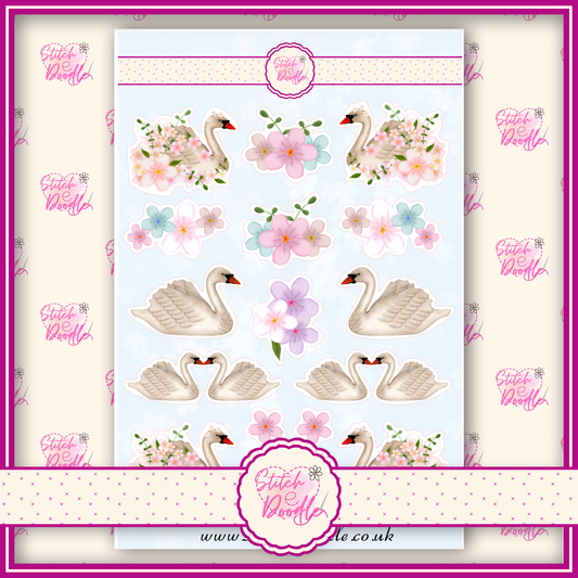 Sticker Sheet - Floral Swan - 16 stickers