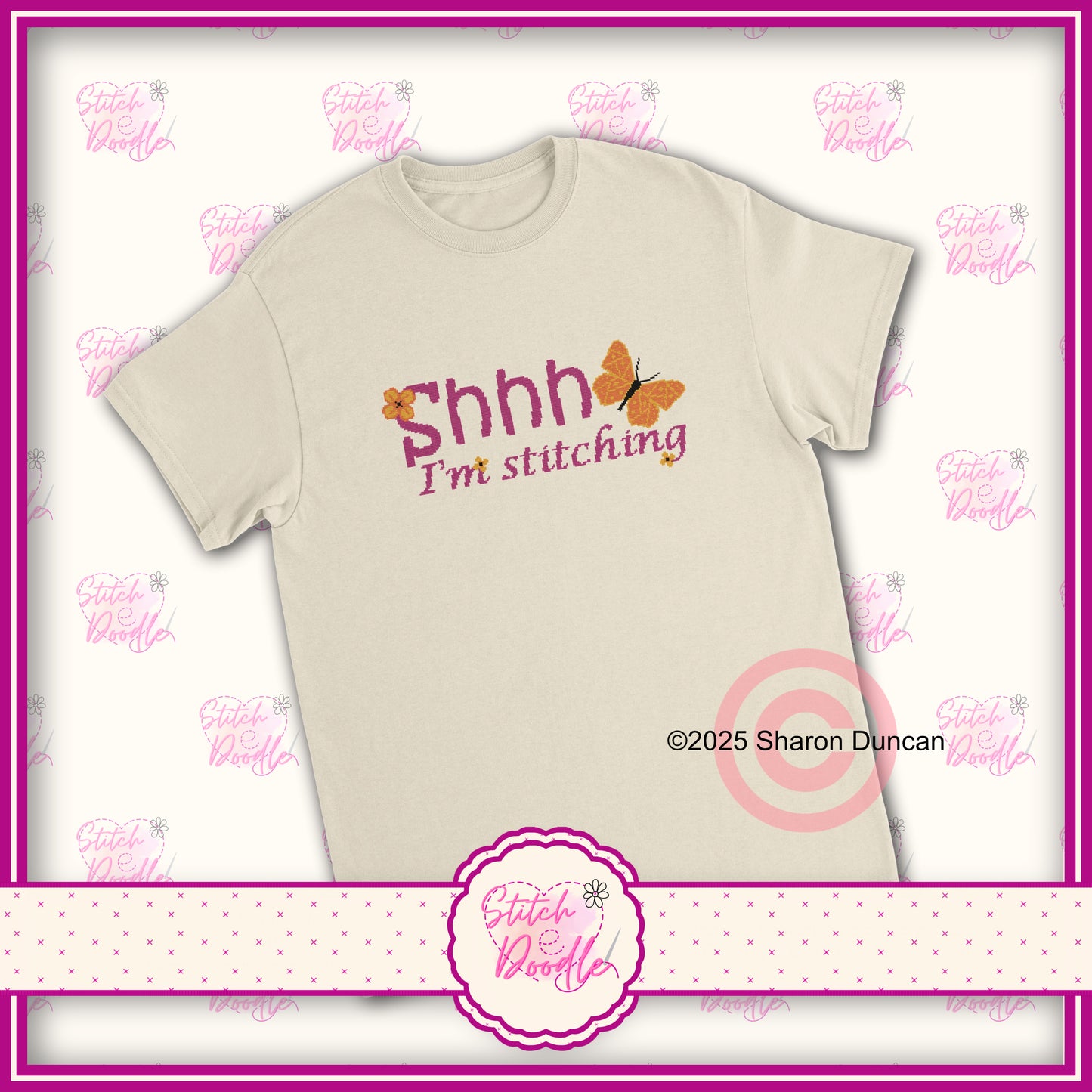 Shh! I'm Stitching' Heavyweight Unisex Crewneck T-shirt - Cross stitch effect motif