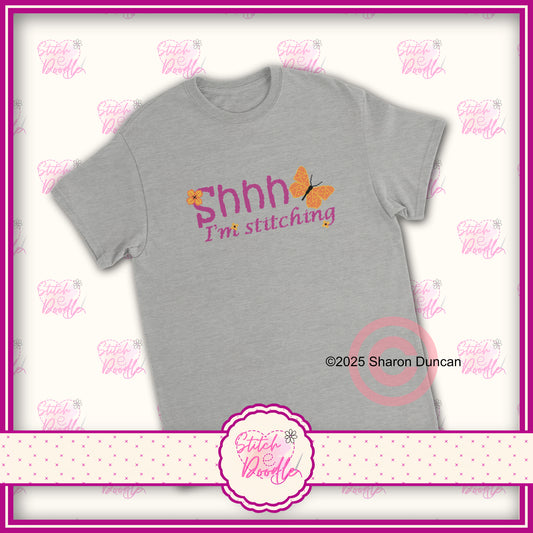 Shh! I'm Stitching' Heavyweight Unisex Crewneck T-shirt - Cross stitch effect motif