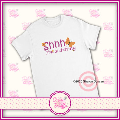 Shh! I'm Stitching' Heavyweight Unisex Crewneck T-shirt - Cross stitch effect motif