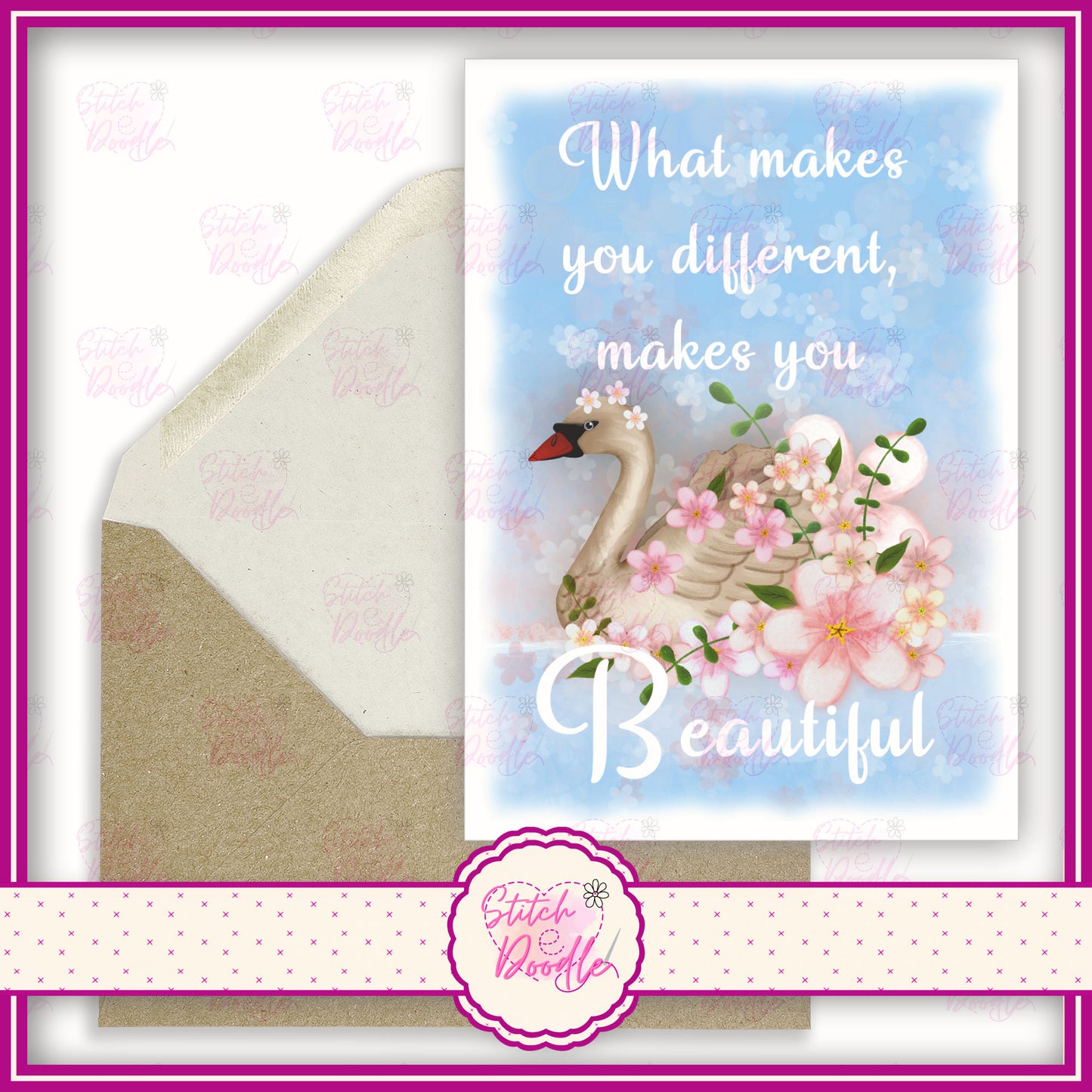 Elegant swan floral bouquet. 'What makes you different makes you beautiful'.  A6 Greeting Card and Envelope.