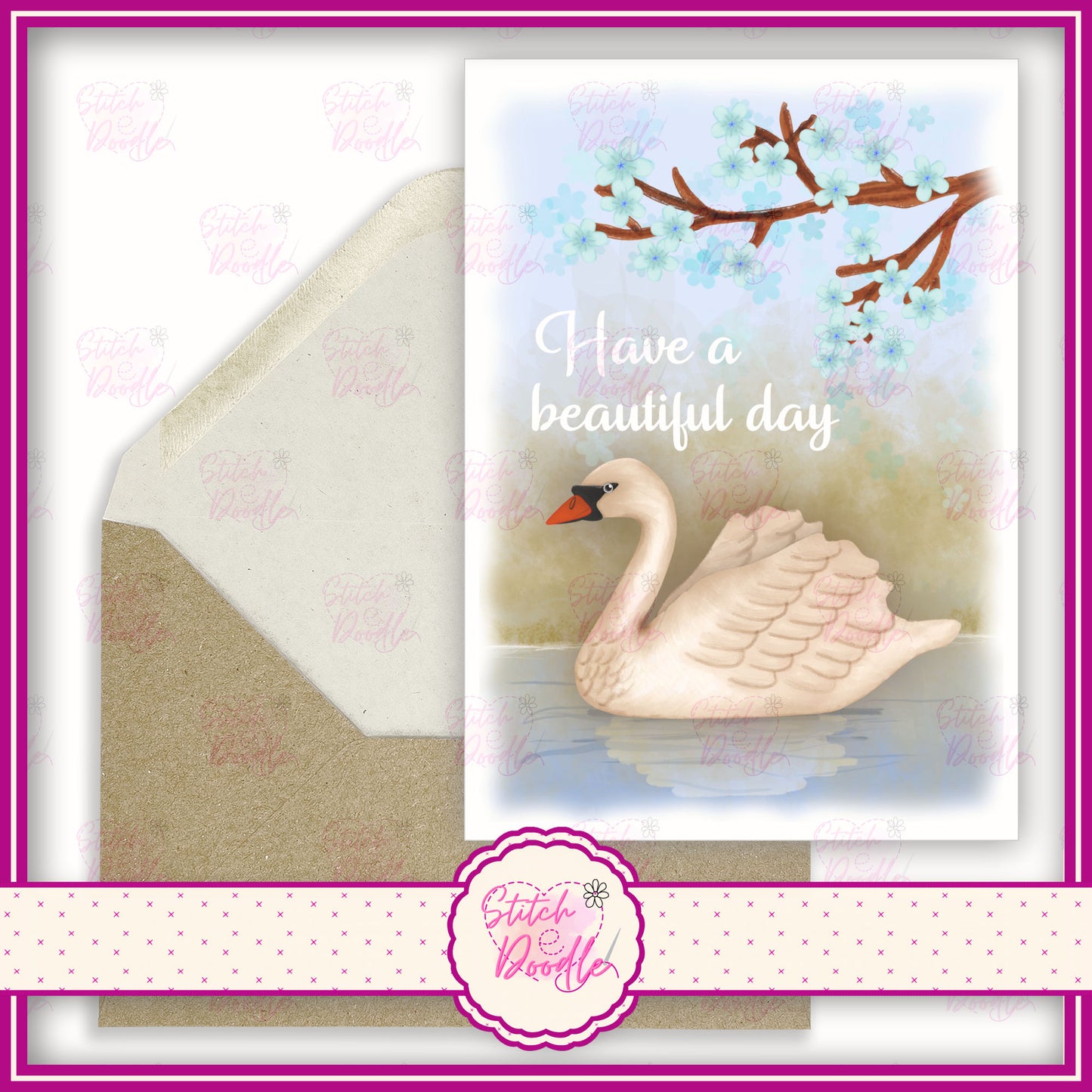 Swan lake with blue blossom tree. 'Have a beautiful day'.  A6 Greeting Card and Envelope.