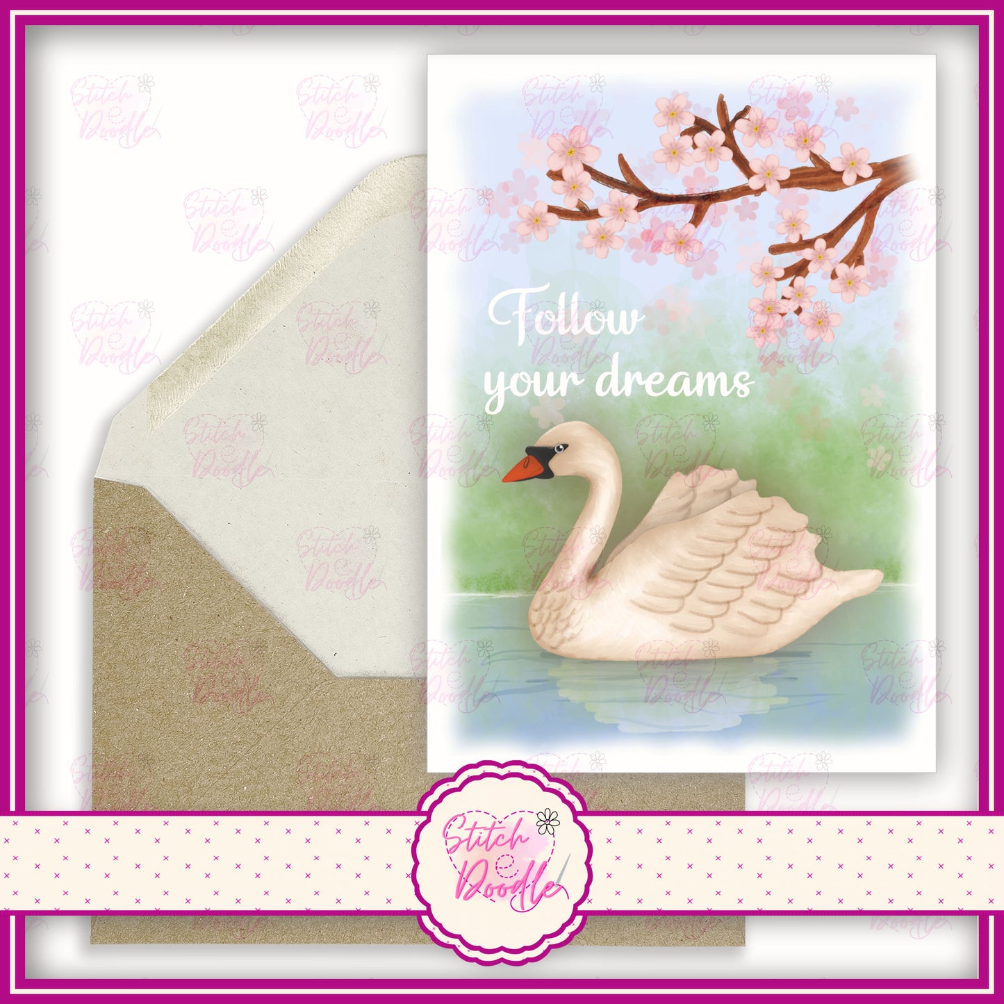 Swan lake with pink blossom tree. 'Have a beautiful day'.  A6 Greeting Card and Envelope.