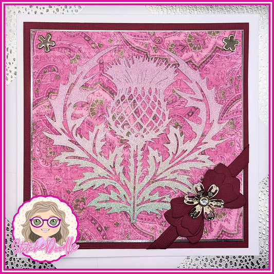 Glittery Thistle Handmade Christmas Card with embellishments - Large 7" x 7" card and envelope (Th02)