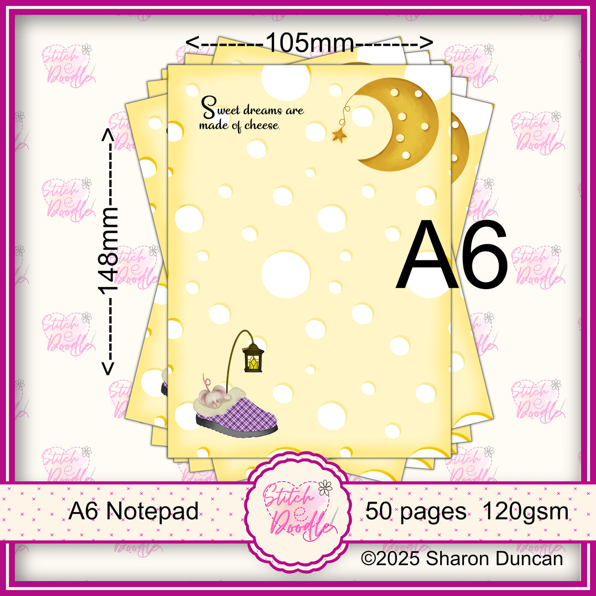 Tiddle Mouse Sweet Dreams are Made of Cheese - 50 sheets un-coated 100 gsm paper - A6 Notepad