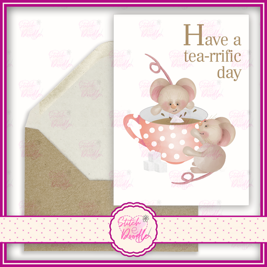 Tiddle Mouse pink spotty teacup. 'Have a tea-rrific day'.  A6 Greeting Card and Envelope.