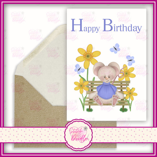 Tiddle Mouse in blue sweater with daffodils  'Happy Birthday'.  A6 Greeting Card and Envelope