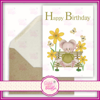 Tiddle Mouse in green sweater with daffodils  'Happy Birthday'.  A6 Greeting Card and Envelope.