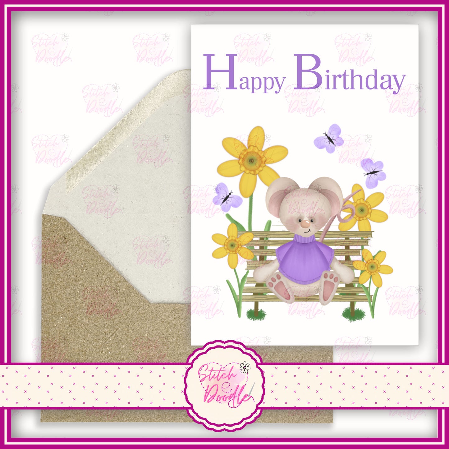 Tiddle Mouse in lilac sweater with daffodils  'Happy Birthday'.  A6 Greeting Card and Envelope.