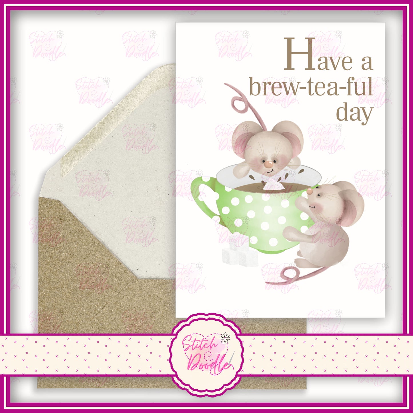 Tiddle Mouse green spotty teacup. 'Have a brew-tea-ful day'.  A6 Greeting Card and Envelope.