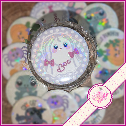 6 Too Cute To Spook 58mm Pin Badges, Holographic Button Badge Collection