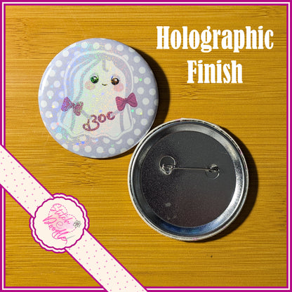 6 Too Cute To Spook 58mm Pin Badges, Holographic Button Badge Collection