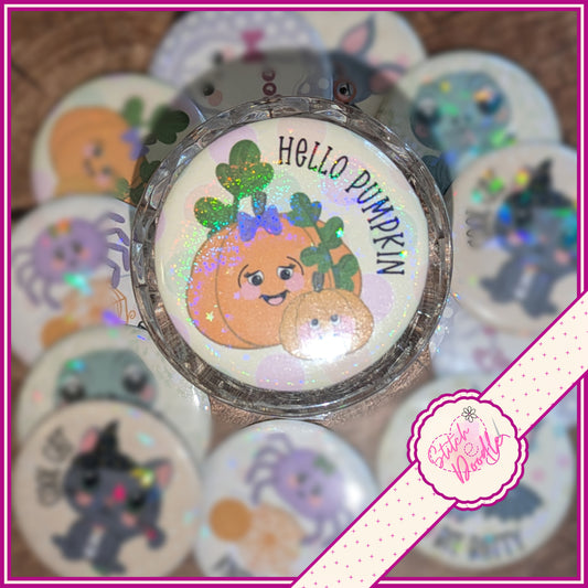 Button Badge.  Too Cute To Spook - Hello Pumpkin