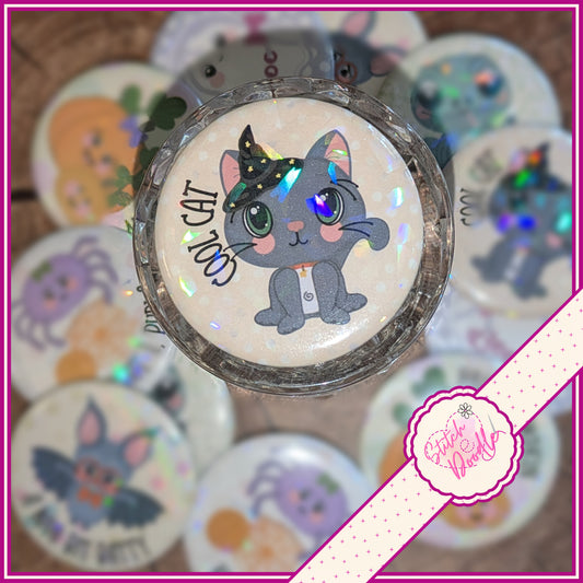 Button Badge.  Too Cute To Spook - Cool Cat