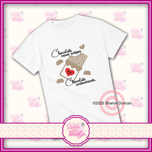 'Chocolate Never judges' Heavyweight Unisex Crew neck T-shirt.  100% Cotton