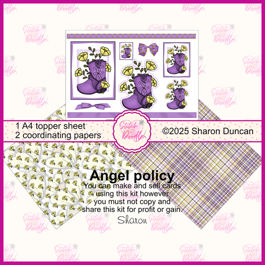 Western Boot with ribbon accessories.  Purple.  3 x A4 printable pages.  Digital Download.