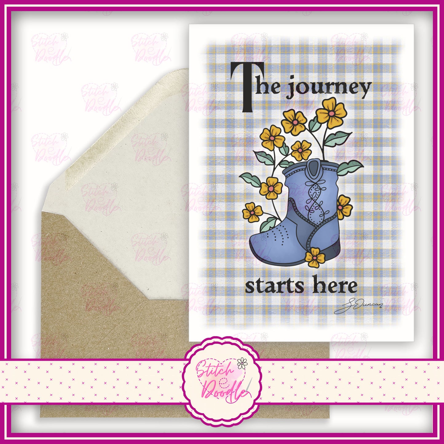 Western boot with flowers 'The journey starts here'.  A6 Greeting Card and Envelope.