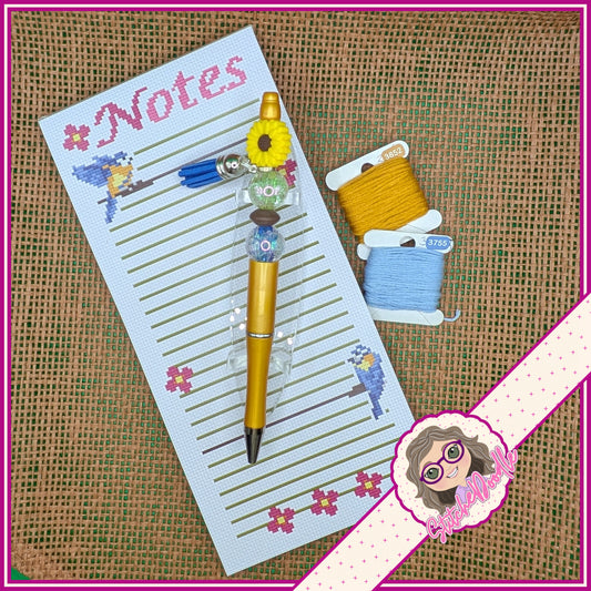 Cross Stitch Themed Notepad and Exclusive Pen - Blue-tit Garden - *FREE* Birdhouse Chart included